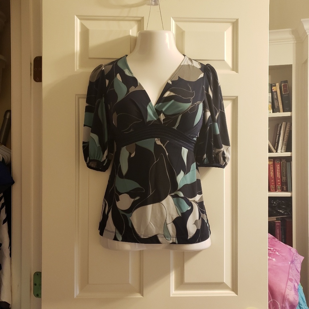 BCBG Blue Floral V Neckline Blouse